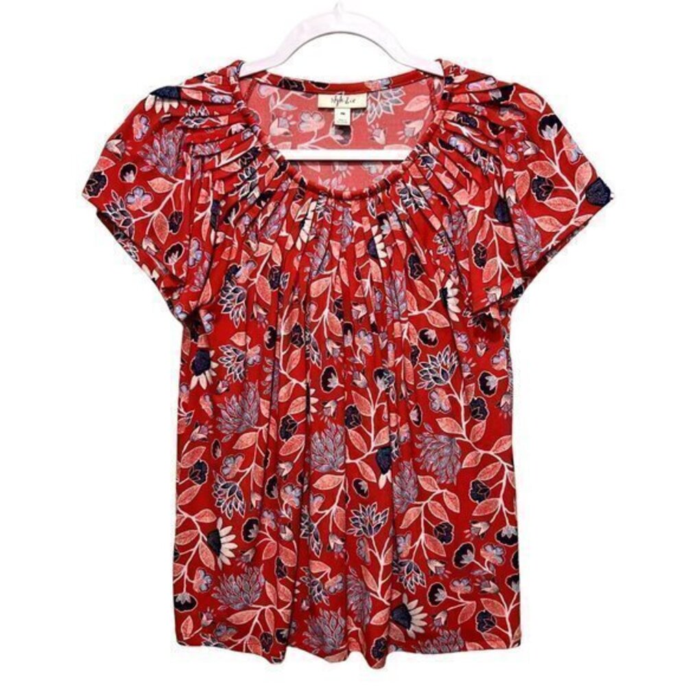 Style &‎ Co Womens Tops Size Petite M Floral Print Pleated Flutter Sleeve